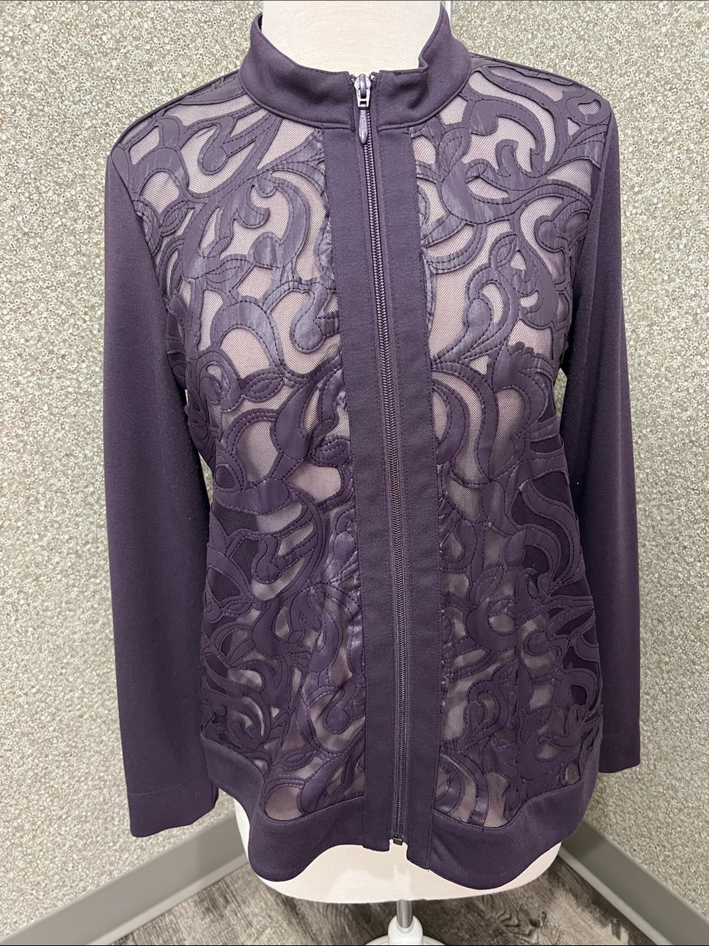 Simonton Says Plum Mesh Ribbon Scroll Lace Front Full Zip Jacket Size Small
